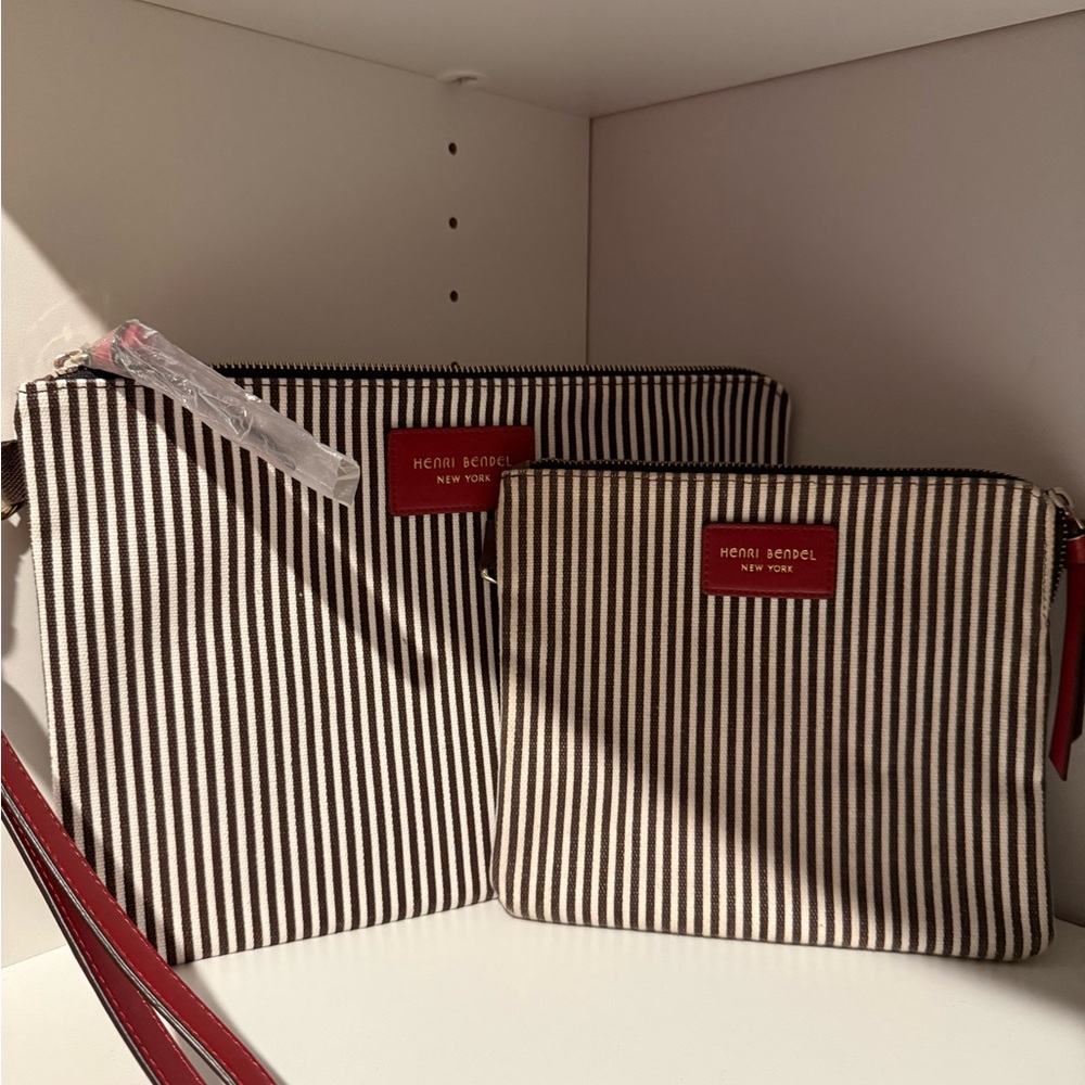 Henri Bendel Brown and White Striped Pouch Duo